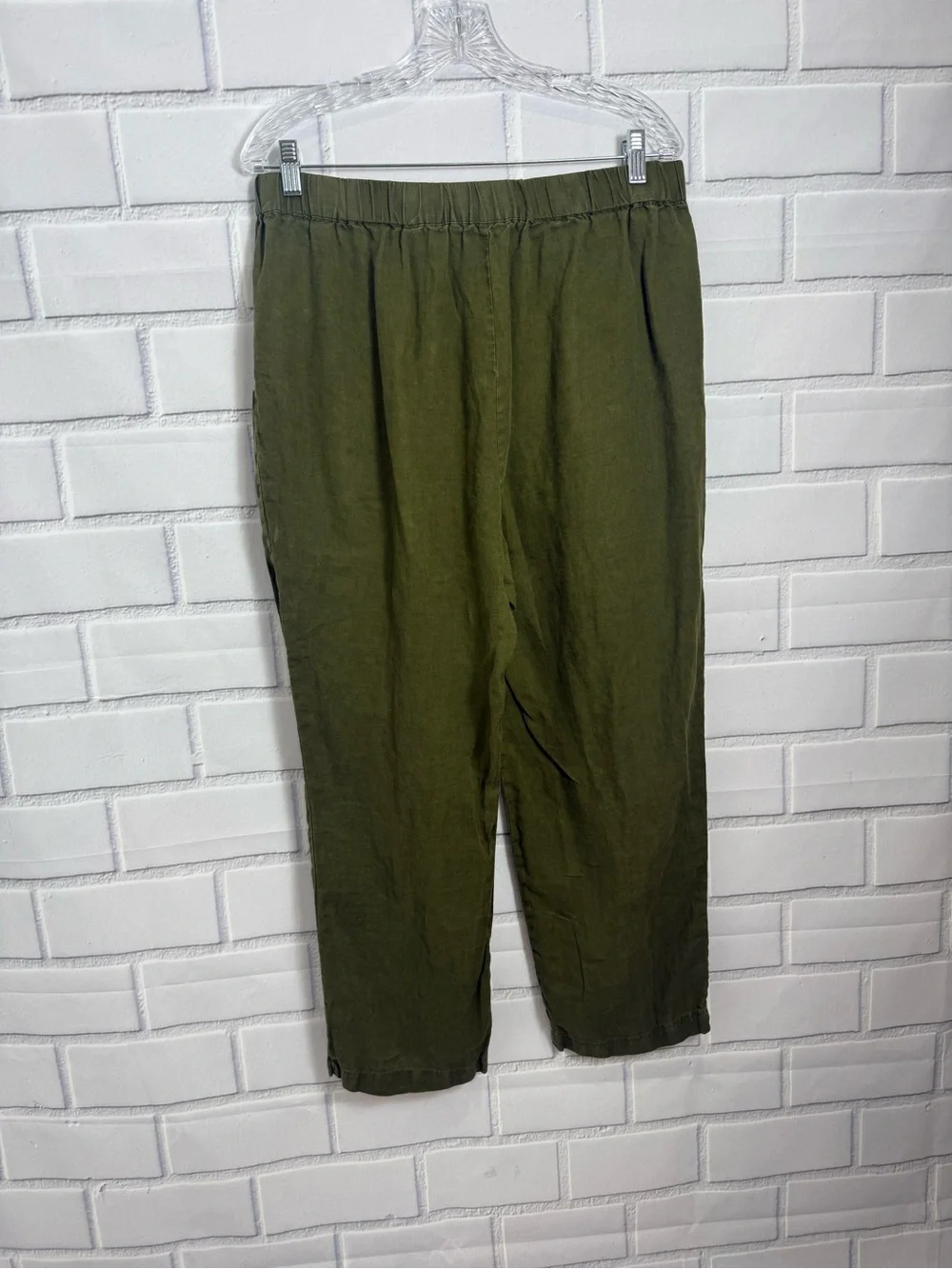 Quince Women’s Olive Green 100% Linen Pull-On Pants minimalist quiet luxury/L